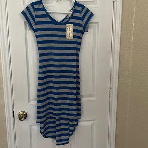 Blue and gray striped dress with small backless area